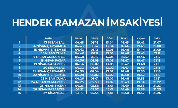 Hendek Ramazan İmsakiyesi