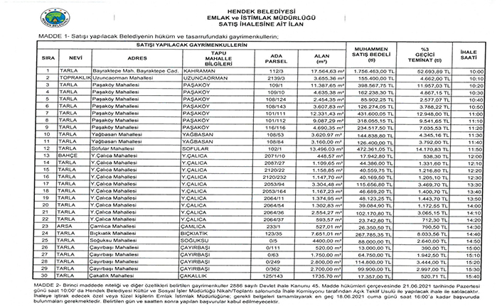 Hendek Belediyesinden İhale Duyurusu
