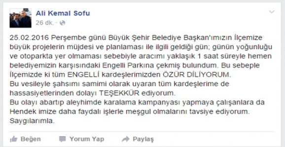 ALİ KEMAL SOFU'DAN ÖZÜR AÇIKLAMASI