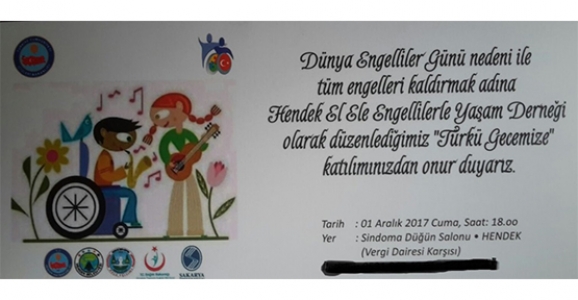 EL ELE ENGELLİLERLE YAŞAM DERNEĞİNDEN TÜRKÜ GECESİNE DAVET