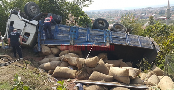 FINDIK YÜKLÜ KAMYON DEVRİLDİ 2 YARALI