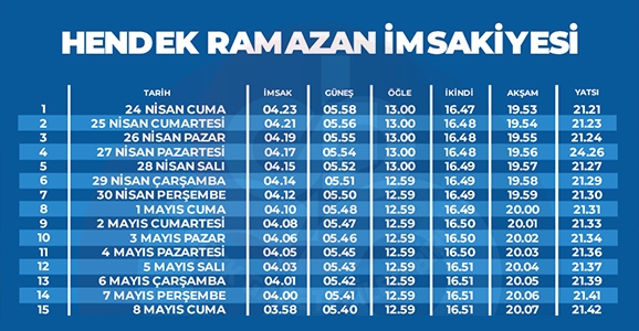 Hendek Ramazan İmsakiyesi
