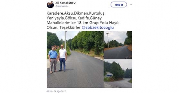 AK PARTİ HENDEK İLÇE BAŞKANI TWİTTER DEN ZEKİ TOÇOĞLUNA TEŞEKKÜR ETTİ
