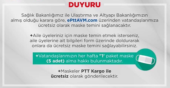 PTT'den Ücretsiz Maske