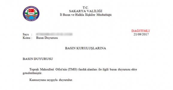 SAKARYA VALİLİĞİNDEN FINDIK AÇIKLAMASI