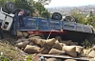 FINDIK YÜKLÜ KAMYON DEVRİLDİ 2 YARALI