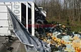 PORTAKAL YÜKLÜ KAMYON DEVRİLDİ 2 YARALI